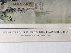 House of Louis K Hyde, Plainfield, NJ, 1914, Arthur Ware, Original Hand-colored *