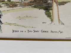 Two Story Church, Newton, MA, 1886, C Howard Walker, Original Hand Colored -