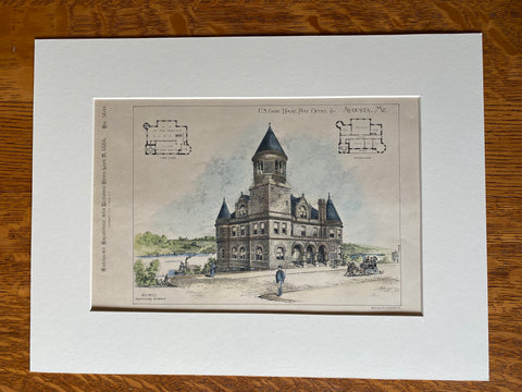 Court House & Post Office, Augusta, ME, 1886, M E Bell, Hand Colored Original -