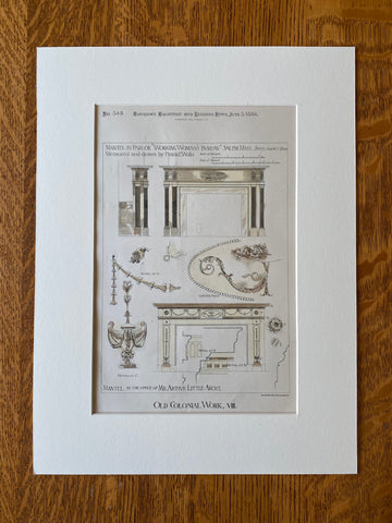 Old Colonial Mantel Plans, Salem, MA, 1886, Original Hand Colored -