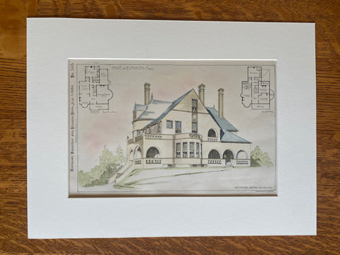 House at Plymouth, MA, 1886, T M Clark, Architect, Hand Colored Original -