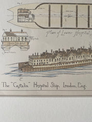 Castalia Hospital Ship, London, England, 1885, Original Hand Colored -