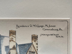 George M Jones House, Greensburg, PA, 1889, J A Dempwolf, Original Hand Colored -