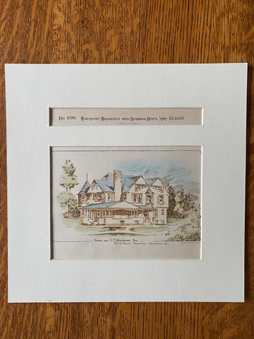 V F Whitmore House, Rochester, NY, 1889, Otto Block, Original Hand Colored -