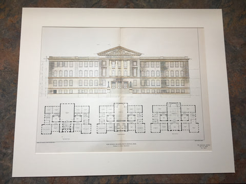High School Building, South Boston, MA, 1903, H D Hale, Original Hand Colored *