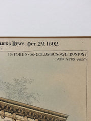 Stores, Columbus Avenue, Boston, MA, 1892, John A Fox, Original Hand Colored *