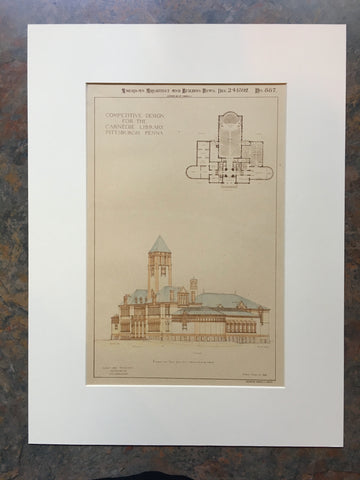 Carnegie Library, Pittsburgh, PA, 1892, Baily & Truscott, Original Hand Colored *