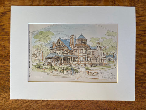 Study for a House at Brookline, MA, 1885, W G Preston, Original Hand Colored -