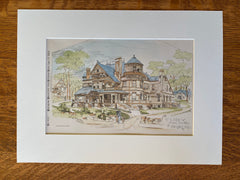 Study for a House at Brookline, MA, 1885, W G Preston, Original Hand Colored -