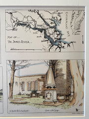 Court House, Map of James River, Williamsburg, VA, 1889, Original Hand Colored -