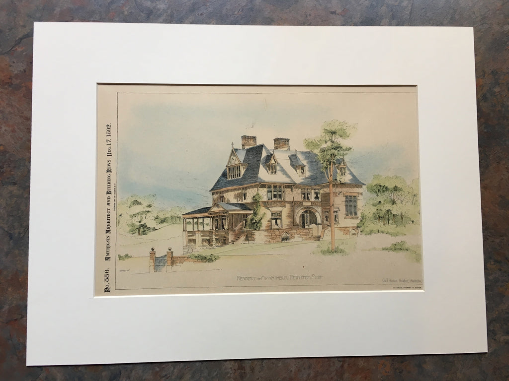 Rathbun Residence, Bethlehem, PA, 1892, G T Pearson, Hand Colored Original *