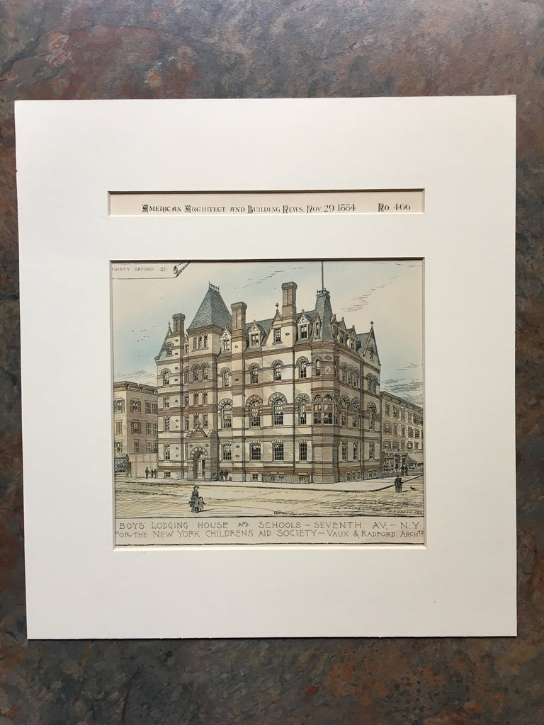 Boys' Lodging, Childrens Aid Society, 7th Ave, NY, 1884, Hand Colored Original *