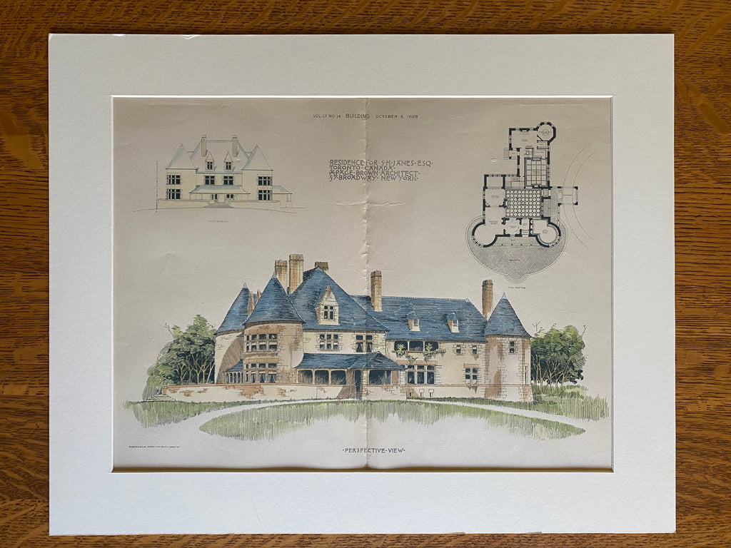 S H Janes Residence, Toronto, Canada, 1888, A Page Brown, Hand Colored Original -