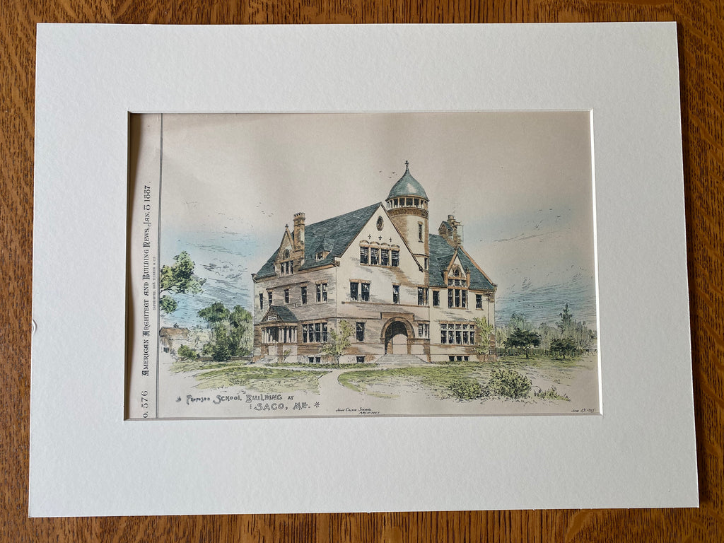 School Building, Saco, ME, 1887, John Calvin Stevens, Original Hand Colored -