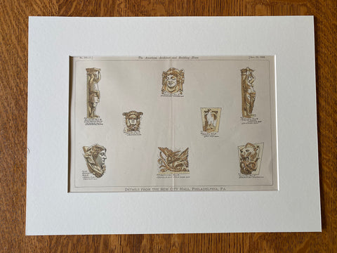 City Hall, Sculptural Details, Philadelphia, PA, 1886, Original Hand Colored -