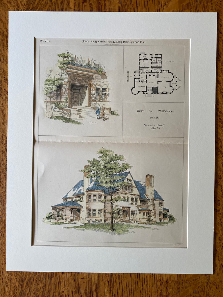 H F Watson House, Erie, PA, 1889, Green & Wicks, Original Hand Colored -