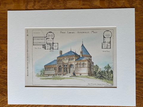 Public Library, Somerville, MA, 1886, George Loring, Hand Colored Original -
