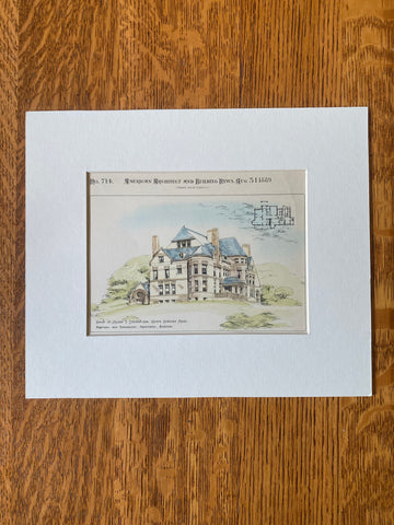 Moses Stevens House, North Andover, MA, 1889, Original Hand Colored -