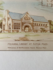 Memorial Library, Acton, MA, 1889, Hartwell & Richardson, Original Hand Colored -