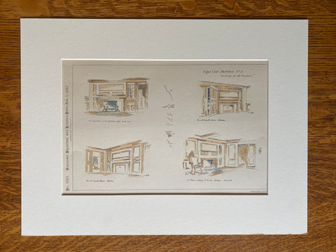 Cape Cod Fireplace Sketches by E Eldon Deane, 1887, Original Hand Colored -