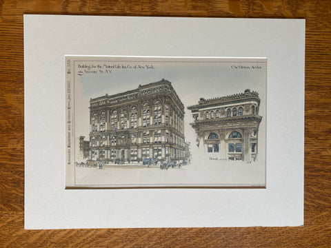Mutual Life Insurance, Nassau Street, New York, 1887, Original Hand Colored -