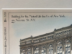 Mutual Life Insurance, Nassau Street, New York, 1887, Original Hand Colored -