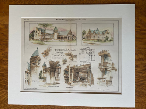 Converse Memorial Library, Malden, MA, 1885, H Richardson, Original Hand Colored -