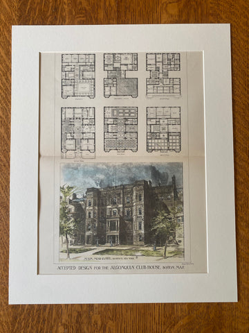 Algonquin Club House, Boston, MA, 1887, McKim Mead White, Original Hand Colored -
