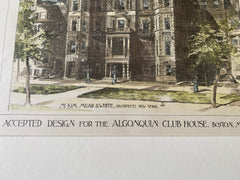 Algonquin Club House, Boston, MA, 1887, McKim Mead White, Original Hand Colored -