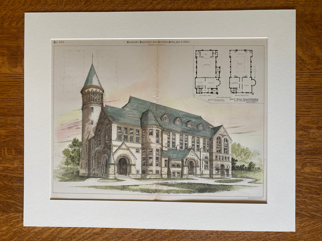 Slater Memorial Building, Norwich Free Academy, CT, 1886, Original Hand Colored -