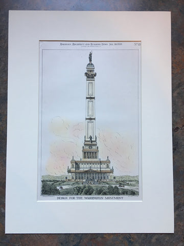 Design for Washington Monument, Washington DC, 1880, Original Hand Colored *