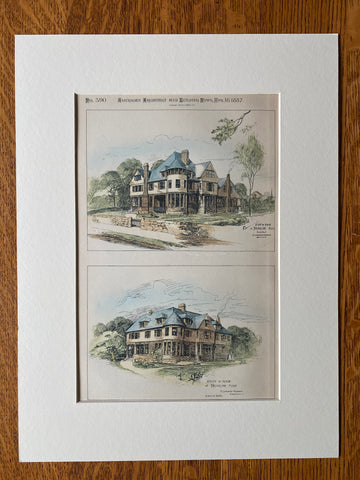 Houses at Brookline, MA, 1887, H Langford Warren, Hand Colored Original -