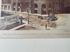 New York Life Insurance Offices, St Paul, MN, 1887, Hand Colored Original -