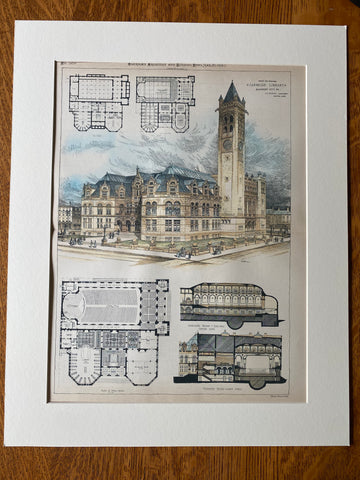 Carnegie Library, Allegheny City, PA, 1887, J L Paxon, Hand Colored Original -