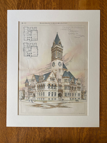 Carnegie Library, Allegheny, PA, 1887, W S Fraser, Original Hand Colored -