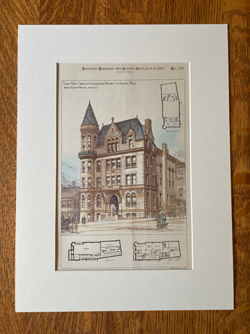 YMCA, Worcester, MA, 1887, Fuller & Delano, Original Hand Colored -