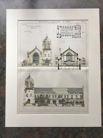 St Paul's Church, Flatbush, NY, 1899, Albert Parfitt, Original Hand Colored *