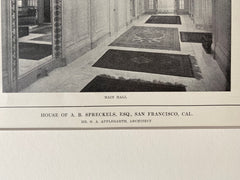 Spreckels House, Main Hall, San Francisco, CA, 1914, G A Applegarth, Lithograph