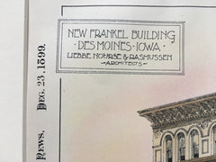 New Frankel Building, Des Moines, IA, 1899, Original Hand-colored *