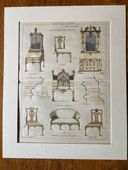 Chippendale Furniture, 1887, Original Hand Colored -