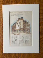 Dow Building, Woburn, MA, 1887, Andrews & Jaques, Original Hand Colored -