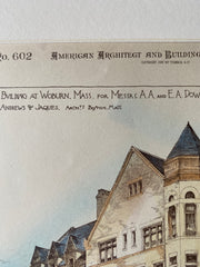 Dow Building, Woburn, MA, 1887, Andrews & Jaques, Original Hand Colored -