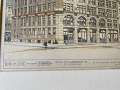 Stores on 9th & Washington, St Louis, MO, 1888, Original Hand Colored -