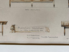 Furniture Sketches, New York Club, 1888, R H Robertson, Hand Colored Original -