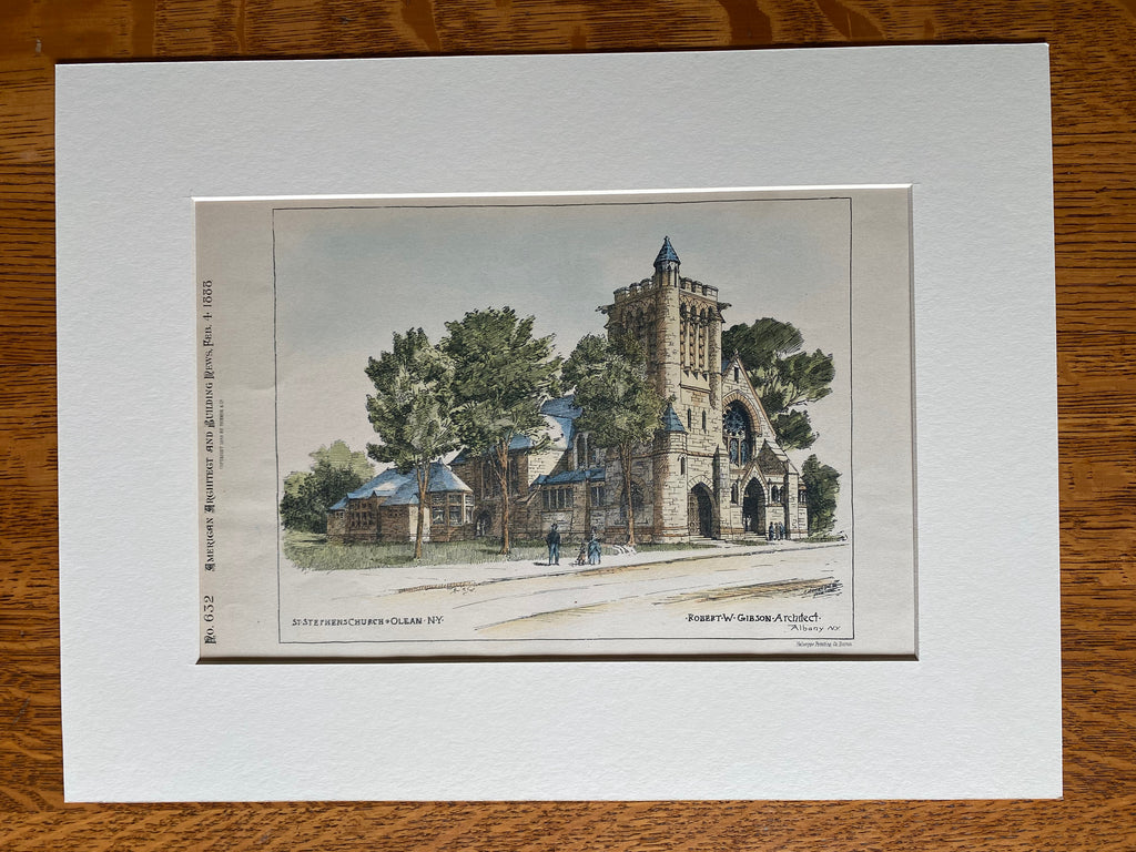 St Stephens Church, Olean, NY, 1888, Robert Gibson, Hand Colored Original -