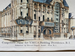 YMCA, Providence, RI, 1888, Howard Hoppin, Hand Colored Original -