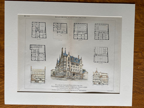 YMCA, Providence, RI, 1888, Stone Carpenter & Willson, Hand Colored Original -