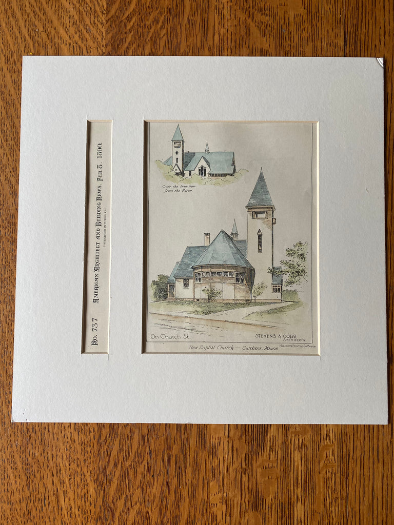 Baptist Church, Gardiner, ME, 1890, Stevens & Cobb, Original Hand Colored -