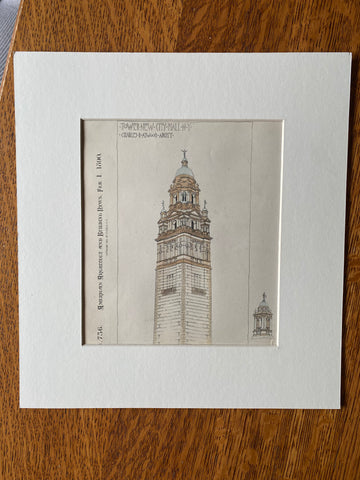 Tower, New City Hall, New York, 1890, Charles B Atwood, Original Hand Colored -