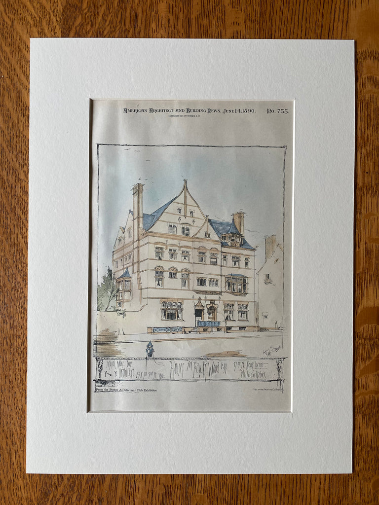 Edward Wood Houses, 17th St, Philadelphia, PA, 1890, Original Hand Colored -
